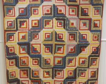 Gorgeous, Late 1800s - Early 1900s,  Ohio Log Cabin Quilt.  Spectacular Fabrics.  Excellent Condition.  72 - 69