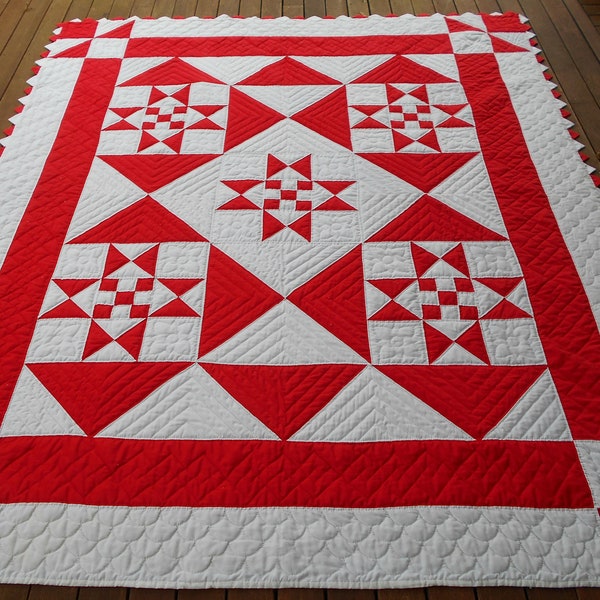 Unique!  Homemade.   Red and White Ohio Star / Nine Patch Variation Quilt. Prairie Points!