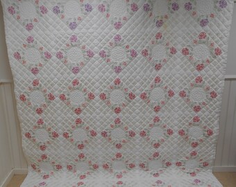 Handmade -  Quilting and Cross Stitching.  Multi-Color Flowers.  Excellent Condition!, 95 x 80