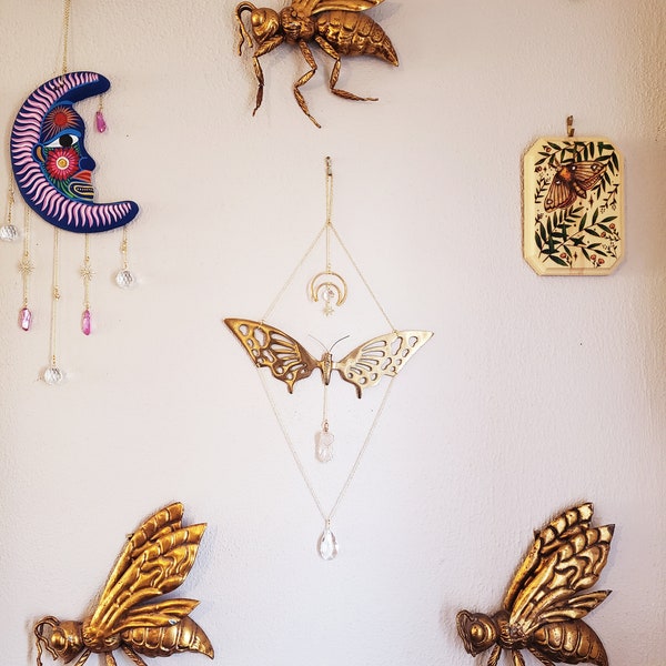 Small Vintage Butterfly Suncatcher,Quartz Suncatcher,Crystal Suncatcher,Gift,Repurposed,Brass,Gold,Hanging Decor,Wall Decor,Moth Decor