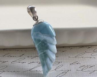 Larimar Angel Wing Pendant – Caribbean Blue Gemstone – Hand-Carved Crystal Jewelry – One of a Kind, 8.3 Grams