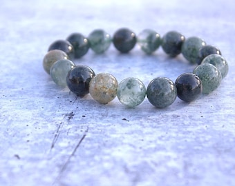 Green Moss Agate 12 MM Beaded Bracelet