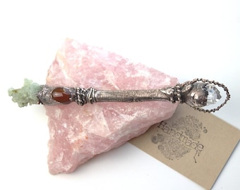 Herkimer Diamond Crystal Wand | Carnelian Prehnite Healing Wand | Electroformed Copper in Silver Finish | Handmade Wand | One of a Kind