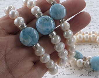 Fresh Water Pearls and Larimar Beaded Bracelet with Sterling Silver Accent