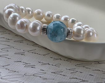 Fresh Water Pearls and Larimar Beaded Bracelet with Sterling Silver Accent