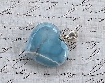Larimar Heart Pendant – Caribbean Blue Gemstone – Polished Heart Jewelry – One of a Kind, 9.2 Grams