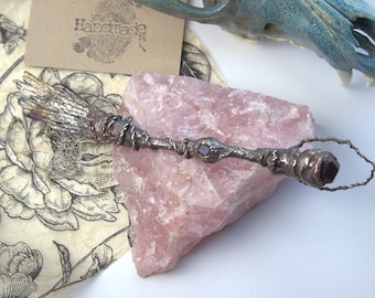 Red Garnet, Kyanite & Amethyst Healing Wand | Electroformed Copper in Silver Finish | Handmade Crystal Wand | One of a Kind Energy Tool