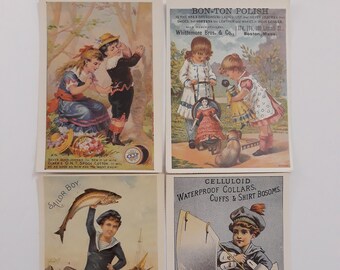 Old-Fashioned Children, Four Full Color Postcards, Advertising Trade Cards, 1890s Theme, 6 by 4.5" Ready to Mail, Henry Ford Museum, Vintage