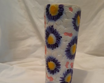 Flower Vase, Vintage, Art Deco Style, Hand Painted, Cylinder 8" Height, Ceramic, Floral Design, Extremely Vivid Colors, Gold, Pink, Purple