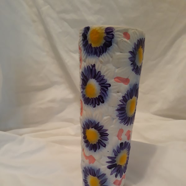 Flower Vase, Vintage, Art Deco Style, Hand Painted, Cylinder 8" Height, Ceramic, Floral Design, Extremely Vivid Colors, Gold, Pink, Purple