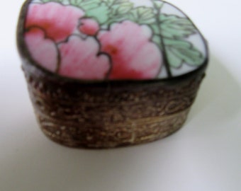 Silver Overlay Shop Metal Trinket Box, Oriental, Antique, Painted Pink Light Green Floral,  2.25" square, H 1.25",  detailed, friend gift
