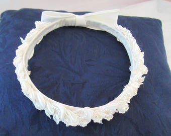 Bride's Headpiece, Bride's Headdress, White, Vintage, Slightly Oval Shape, Silk, Faux Pearls, Sewn Flowers, Simple Elegance, Large Bow
