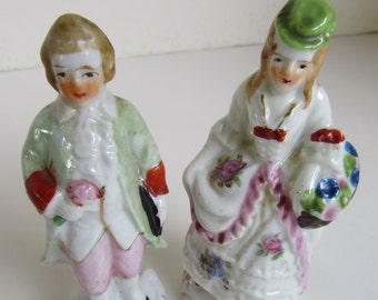 Ceramic Figurines, Handsome European Couple, late 1800s fashion, hand painted, Made in Japan stamp. fine detail, pastels on white, gift idea