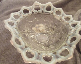 Tri point candy/nut dish, Northwood clear depression glass, opalescent, white open work edge, daisy & plume design, Perfect Friend Gift