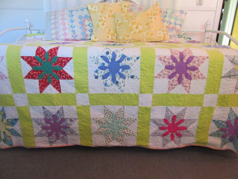 full size bed cream orange color back Star Pattern 25 unique stars 74 by 76 friend gift Spring Summer Colors Homemade Vintage Quilt
