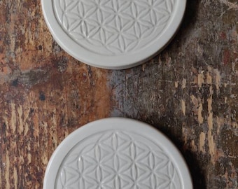 White Ceramic Flower of life Energy Supporter Balancer Coaster - Set of 2