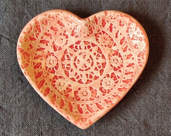 Ceramic heart, hand made, with lace motif from island Pag, Croatia.