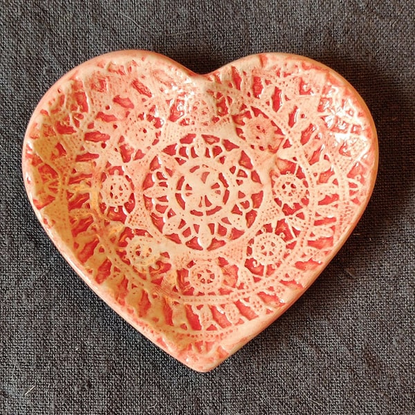 Ceramic heart, hand made, with lace motif from island Pag, Croatia.