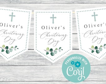 Editable Green Leaf Baptism Bunting - Print at Home Christening Bunting - Personalised Baptism Banner - Christening Decorations