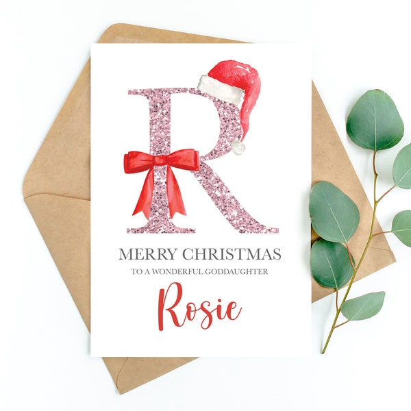 Christmas Card Personalised For Her - Daughter - Granddaughter - Niece - Goddaughter - Glitter Effect Initial Santa Hat and Bow