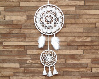 White dreamcatcher above bed decor double dream catcher boho wall decor bedroom wall hanging bohemian wedding