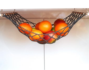 Dark grey  fruit hammock under the cabinet fruit basket storage net kitchen space saving fruit holder