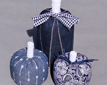 Blue & White Fabric Pumpkins (Set of 3): Autumn Table Centerpiece modern pumpkin art