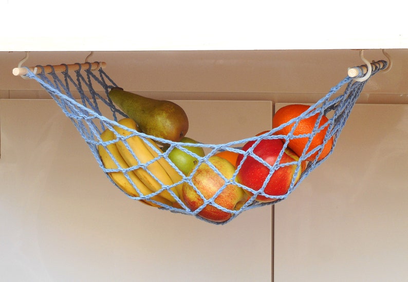 Blue fruit hammock under cabinet kitchen space saver storage net hanging fruit holder vegetable hammock image 2