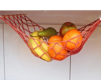 Burnt orange fruit hammock under cabinet hanging basket kitchen food storage space saving fruit organizer