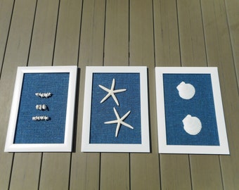 Three piece wall art blue wall panels beachy wall decor starfish sea shells sea themed decor dimensional wall art navy blue pictures