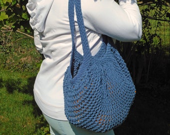 Blue crochet bag with handles dusty blue shoulder bag for women mesh summer tote cotton sack eco friendly hippie bag boho accessories