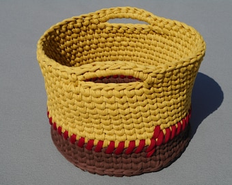 Mustard yellow crochet basket large round basket with handles storage bin bathroom laundry container nursery toys holder