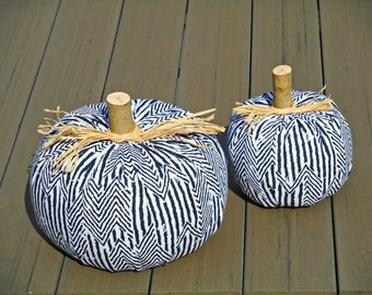 Two black white decorative pumpkins modern striped textile pumpkins harvest fall centerpiece pumpkin art extra large rustic pumpkin