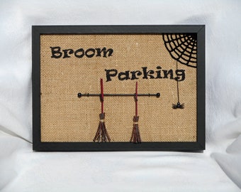 Broom parking wall sign burlap wall panel entryway sign Halloween decoration witches broomstick spider web art new home present