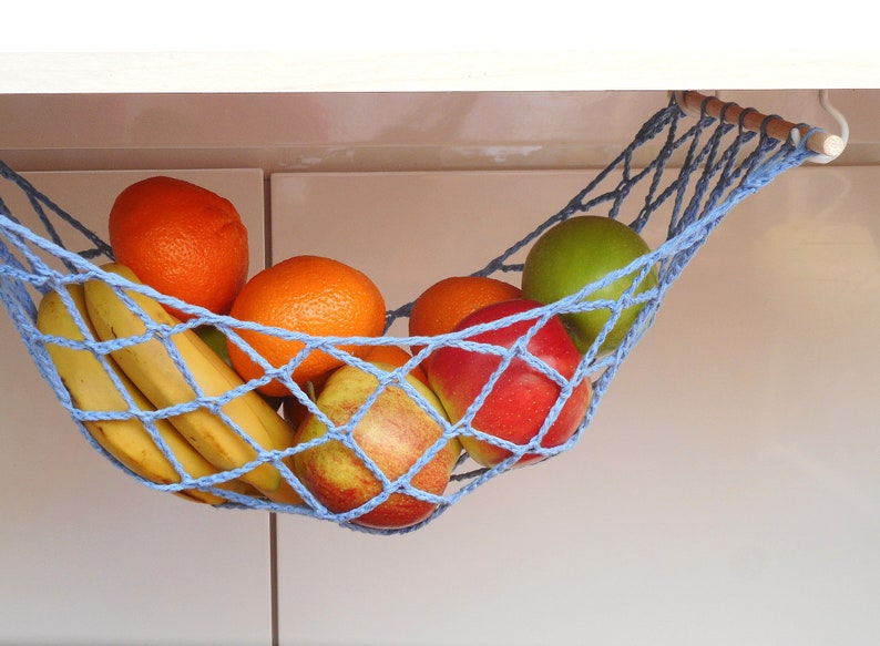 Blaue Obst Hängematte unter Schrank Küche Raumspar Aufbewahrung Netz hängen Obst Halter Gemüse Hängematte Bild 5