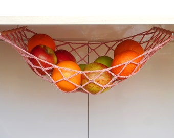 Dusty pink fruit hammock under the cabinet kitchen space saving storage net hanging fruit basket