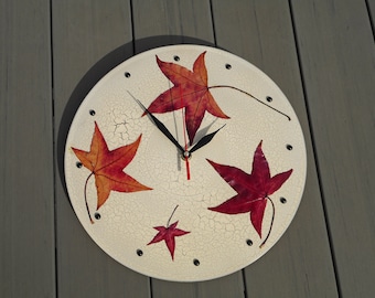 Leaf wall clock art leafy decor round clock for wall hanging clock real maple leaf clock round clock