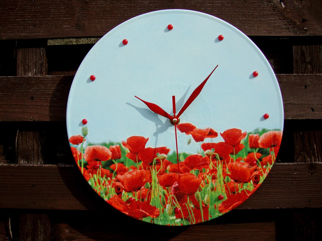 Wall Clock With Flowers Red Poppies Wall Art Hanging Clock for Wall