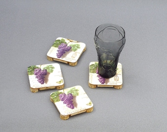 Reversible Grape & Cork Drink Coasters - Cottagecore Beverage Coasters (Set of 4)