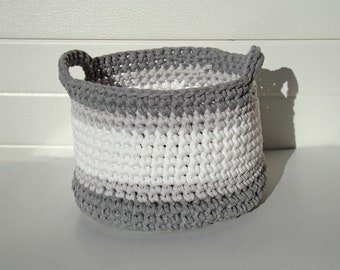 Large round basket with handles neutral pastel gray crochet basket storage bin laundry bathroom basket scandinavian style