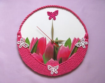 Pink flower clock for wall clock art decorative wall clock round silent clock with flowers