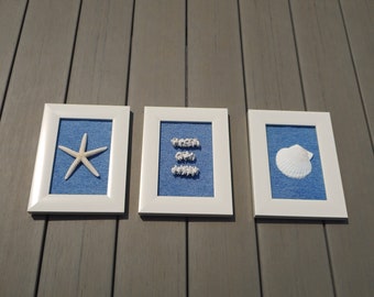 Three piece wall art blue wall panel framed sea themed decor starfish shell beach house wall hangings beachy wall decor