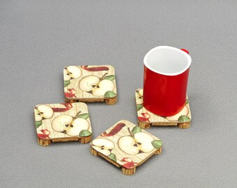Reversible two sided drink coasters with apples four square double side coasters cottagecore cup coasters set of 4 beverage coasters