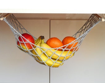 Grey fruit hammock under cabinet fruit basket space saver storage net fruit vegetable hammock