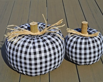 Checkered Black and White Pumpkins: set of 2 textile fall pumpkins cottagecore home décor