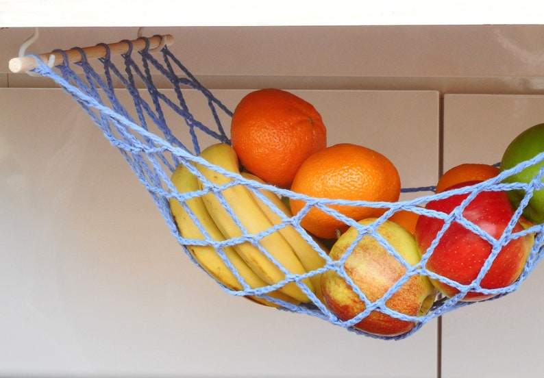 Blue fruit hammock under cabinet kitchen space saver storage net hanging fruit holder vegetable hammock image 4