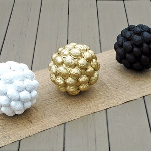 Three decorative balls gold black white spheres big bobble orbs set large sculptural round ornaments modern table décor minimalist orbs