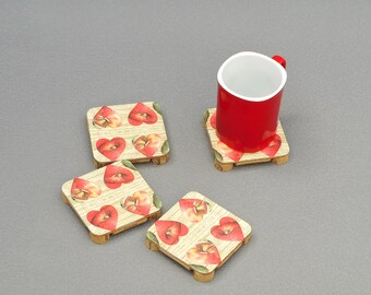 Two sided reversible heart coaster set four rustic drink mat square coasters decorative cup trivets table protectors apple coasters