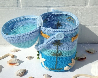 Blue basket with lid sea basket decorative chest with handle bucket bag nautical basket lidded box luxe decor sea gift accessory basket