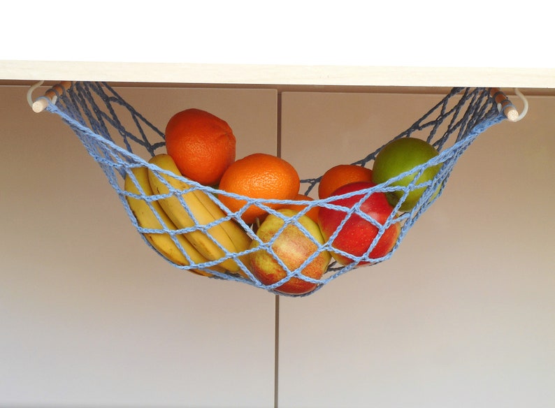 Blue fruit hammock under cabinet kitchen space saver storage net hanging fruit holder vegetable hammock image 3